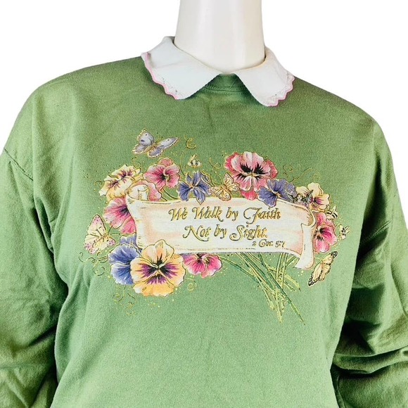 Hanes Cotton Select Womans XL Green Floral Sweater Walk By Faith 2 Cor. 5:7 VTG - Picture 3 of 7